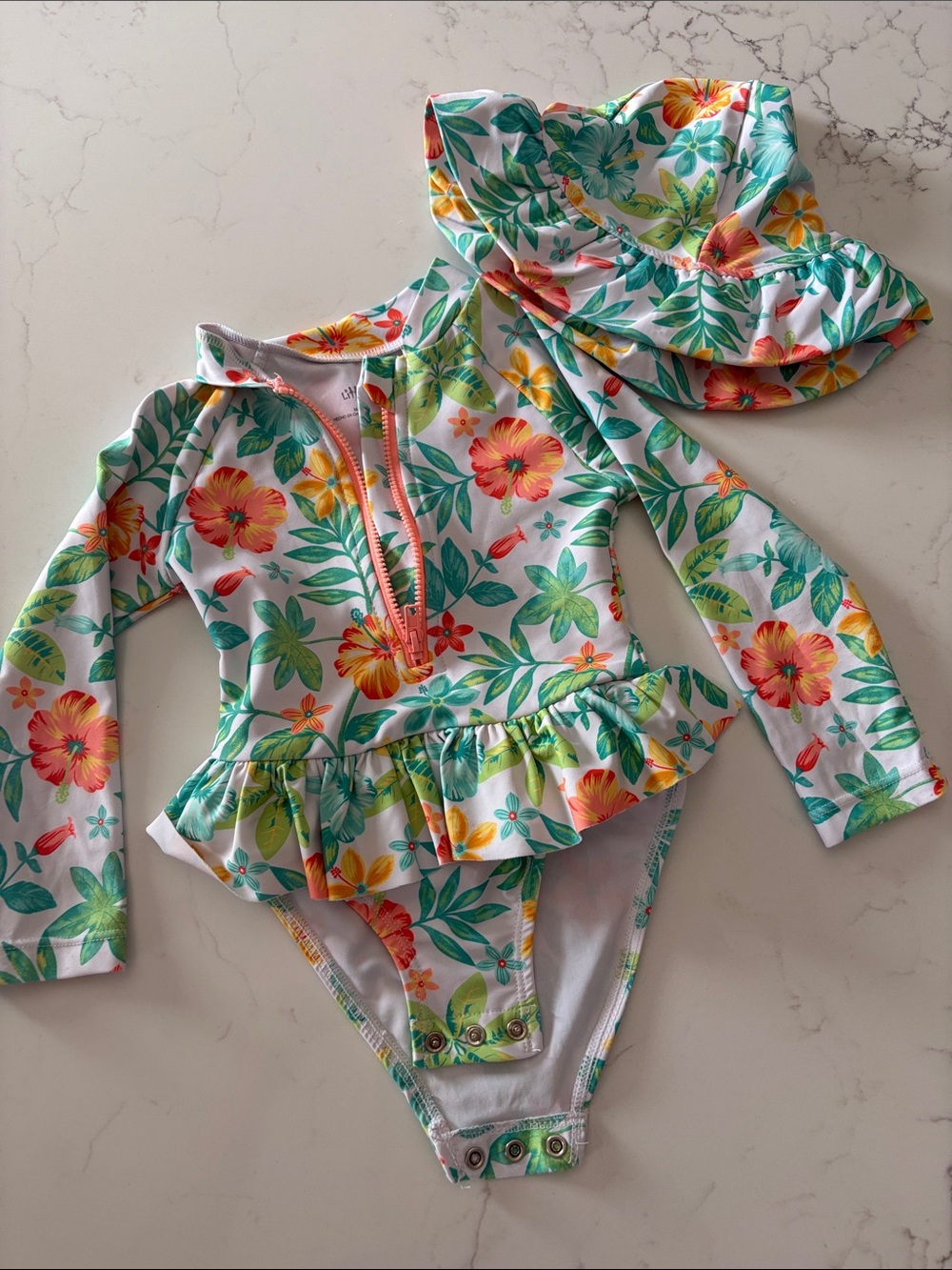 Little Me Floral Long-Sleeve Rashguard Swimsuit Set in Green, Coral & Yellow